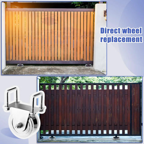 Two Pack Of Four Inch V Groove Gate Rollers Offer Rock Solid 3000 Lb Load Rating With Galvanized Steel Mount Brackets and a sliding fence gate.