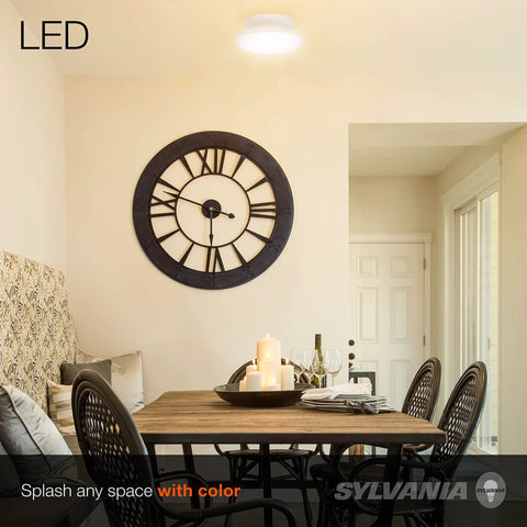 Dining room with large clock and LED ceiling light highlighting Ultra LED Ceiling Light Bulb 1200 Lumens 15W LED Equivalent 100W Soft White 2700K Non Dimmable Energy Saving