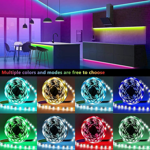 RGB LED Rope Lights for Bedrooms and Party Vibes, 65.6Ft LED Strip With Music Sync in various colors and room setups