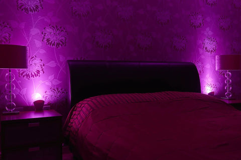 Bedroom with two Plug In Wall Sconce Uplighter With GU10 Spotlight Wash Light on nightstands, purple ambient glow