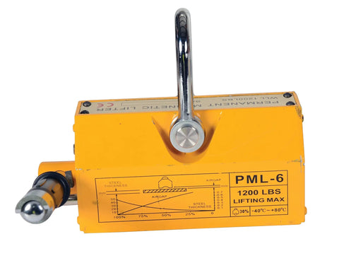 Heavy Duty Magnetic Lifter Providing A Rock Solid 1200 Pound Capacity Built Like A Tank For Smoothly Moving Heavy Steel Sheets And Scrap Metals Without Breaking A Sweat During Daily Shop Work. Yellow steel magnetic lifter with a chrome handle and lifting capacity display.