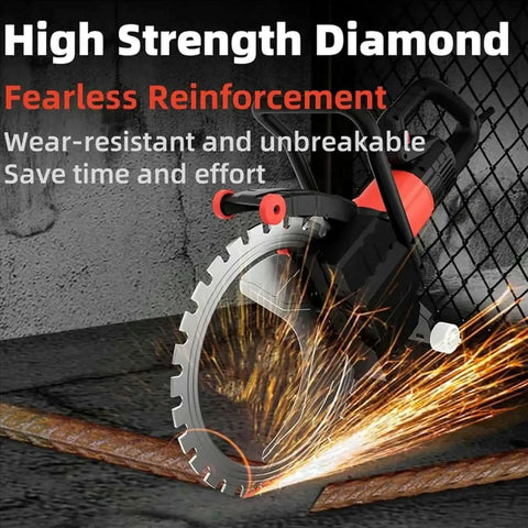 Professional Heavy Duty Concrete Ring Saw Featuring A Badass Pure Copper Motor That Blows Through Brick And Stone Wall Grooving With Razor Sharp Diamond Blades cutting through metal with sparks.