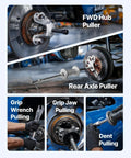 9-Way Slide Hammer Puller Set 15 Piece Car Repair Toolkit For Front Wheel Hubs And Rear Axle Bearings Gears And Pulleys Includes 4.3 Lb Hammer Dent Pulling Press Fit Part Remover Kit With Carry Box shown in use on various auto parts