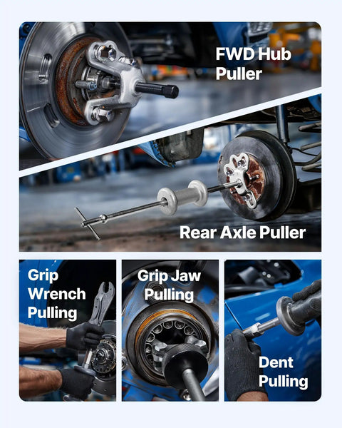 9-Way Slide Hammer Puller Set 15 Piece Car Repair Toolkit For Front Wheel Hubs And Rear Axle Bearings Gears And Pulleys Includes 4.3 Lb Hammer Dent Pulling Press Fit Part Remover Kit With Carry Box shown in use on various auto parts