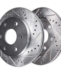 Beefed Up Front Brake Kit With Drilled And Slotted Rotors And Ceramic Pads For Ford F 150 Expedition And Lincoln Navigator 2010 Through 2020 Replacement Front Brake Rotors And Pads, showing two drilled rotors.