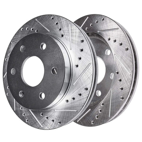 Beefed Up Front Brake Kit With Drilled And Slotted Rotors And Ceramic Pads For Ford F 150 Expedition And Lincoln Navigator 2010 Through 2020 Replacement Front Brake Rotors And Pads, showing two drilled rotors.
