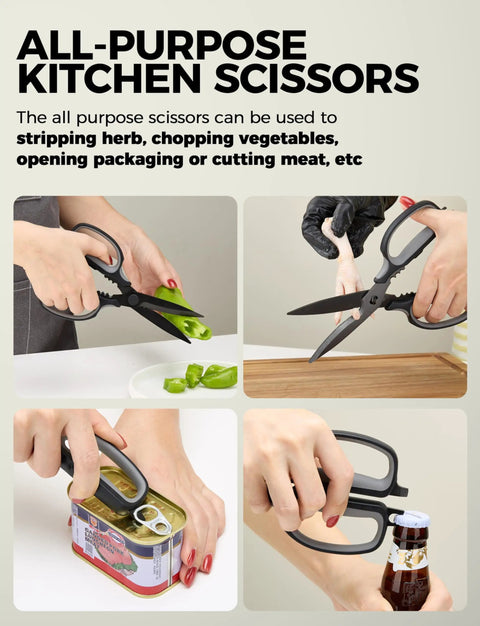 Heavy Duty All Purpose Kitchen Scissors With Ultra Sharp Blade And Power Curve Technology For Cutting Herbs Meat Packaging Cardboard And More Go To Ergonomic Durable Handles For Everyday Kitchen Tasks, black handles