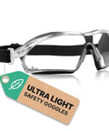Anti Fog Safety Goggles for Men and Women with Premium Coating, adjustable headband shown next to Ultra Light tag