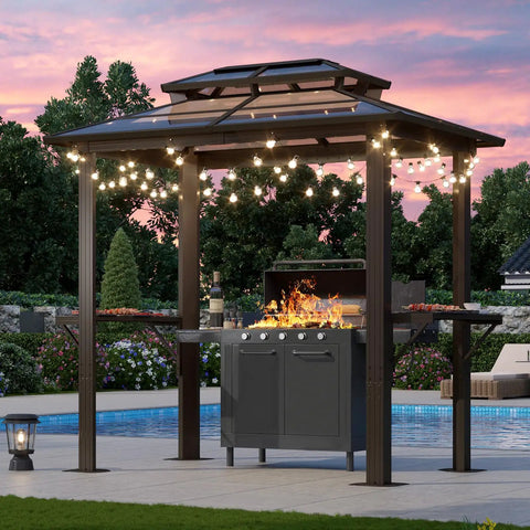 8x5 Ft Aluminum Grill Gazebo With Double Polycarbonate Top And Shelves Outdoor BBQ Canopy Hardtop For Backyard Lawn or Patio
