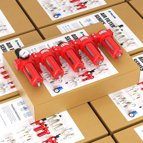Beefed Up Industrial Grade 5 Stage Air Drying System with 0-150 PSI Regulation, 1/2 Inch NPT Red on packaging box