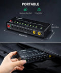 True Isolated Guitar Pedal Power Supply With Ten Outputs shown with size dimensions and aluminum alloy shell for portability.