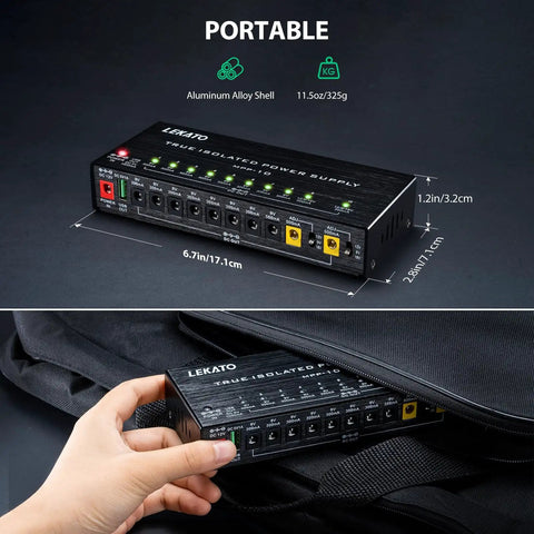 True Isolated Guitar Pedal Power Supply With Ten Outputs shown with size dimensions and aluminum alloy shell for portability.