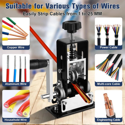 Manual Wire Stripper Machine for 0.06 to 1 Inch Wires, Dual Operation Drill Powered or Hand Crank, Cable Wire Stripper Tool