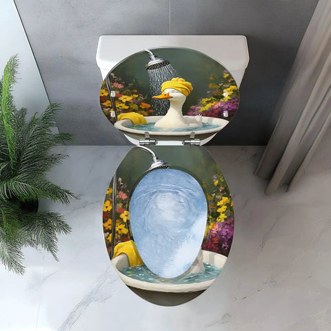 Elongated Toilet Seat Resin for Bathroom with unique design of a duck in a bath, suitable for standard toilet dimensions.