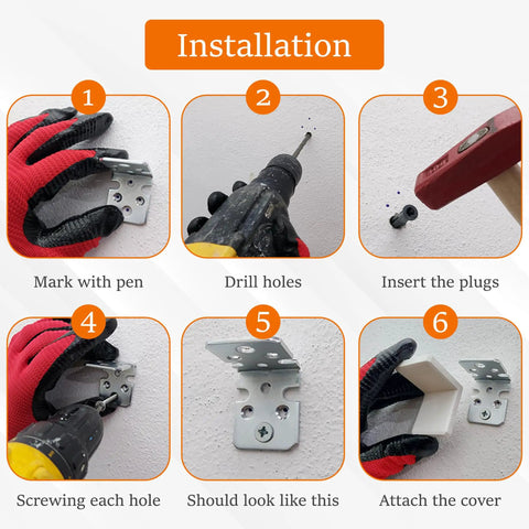 Installation steps for Heavy Duty White L Brackets For Shelves And Cabinets with tools and screws visible.