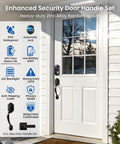 Rock Solid Matte Black Smart Lock For Front Door Handle Featuring Fingerprint Swipes App Control mounted on a white door.