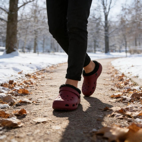 Person walking in outdoor path wearing red clogs with Two Pairs Black Fuzzy Clog Liners Warm Removable Insoles For Indoor Outdoor Wear Size 37 38 Replacement Fur Insert For Cozy Winter Steps With All Day Comfort And Cushioned Support visible.
