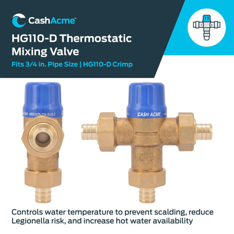 Cash Acme 3/4 in HG110-D thermostatic mixing valve with brass body, blue caps, and barb connections