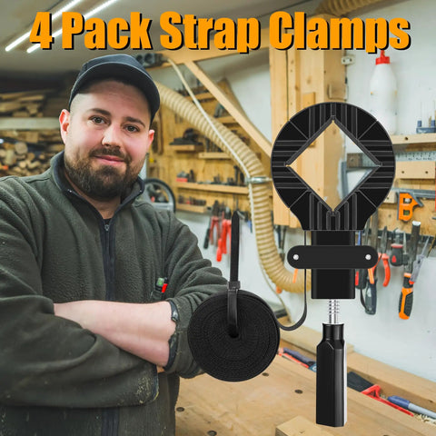 Man in workshop with Beefy 13 Ft Woodworking Belt Band Clamps With Quick Release For Glue Ups And Picture Frames, 4 Pack.