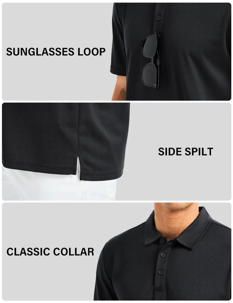 Men's Golf Polo Shirt Short Sleeve Quick Dry Moisture Wicking Collared Performance Polo For Athletic Training And Casual Wear Breathable Lightweight Black Large with sunglasses loop and side split.