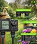 Rechargeable Two Zone Water Timer For Garden And Lawn, IPX6 Sprinkler Controller With Rain Delay on outdoor faucet setup