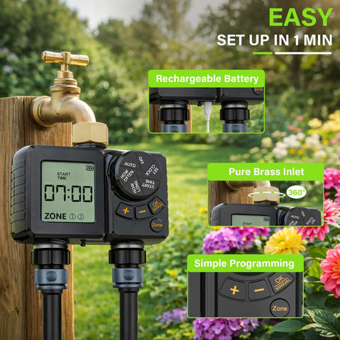 Rechargeable Two Zone Water Timer For Garden And Lawn, IPX6 Sprinkler Controller With Rain Delay on outdoor faucet setup
