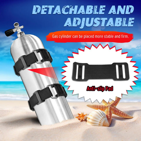 Two Pack Scuba Tank Holder Straps with ABS Cam Buckles and Anti Slip Pad securing a tank on a beach with starfish.