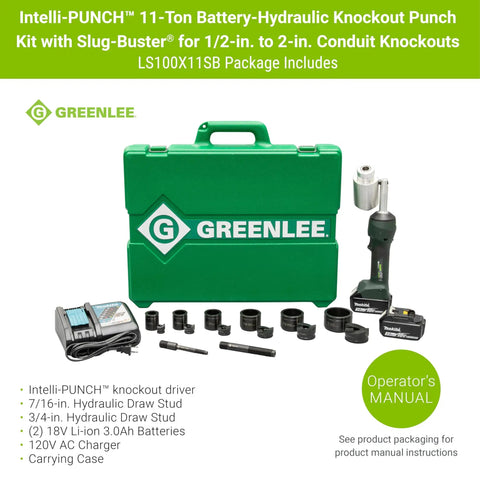 11 Ton Battery Hydraulic Knockout Punch Kit with Slugbuster, case, punch dies, hydraulic tool, battery, and accessories
