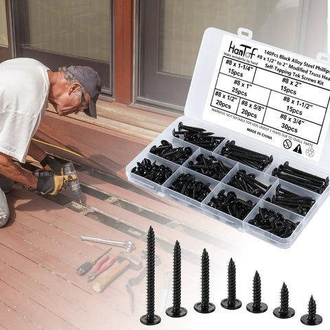 140 Piece Black Wafer Head Wood Screws And Deck Screw Assortment Kit Delivering Self Tapping Fasteners being used in DIY project.