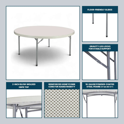 Round Folding Table Built Like A Tank For Heavy Duty Use, Commercial Grade With Thick Blow Molded Top And 17 Gauge Steel Frame
