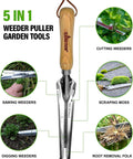 Five In One Hand Weeder Puller Tool For Garden Weeds Dandelion Fork And Weeding Knife With Deep Digging displayed with uses
