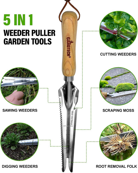 Five In One Hand Weeder Puller Tool For Garden Weeds Dandelion Fork And Weeding Knife With Deep Digging displayed with uses