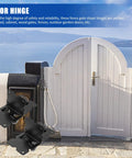 Heavy Duty Gate Hinges 2 Pack For Wooden Fences And Barn Doors shown with white outdoor garden gate