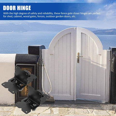 Heavy Duty Gate Hinges 2 Pack For Wooden Fences And Barn Doors shown with white outdoor garden gate