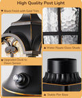 Close-up of Large Size Dusk To Dawn Outdoor Post Light With Photocell Sensor, featuring water ripple glass and black finish with gold trim.