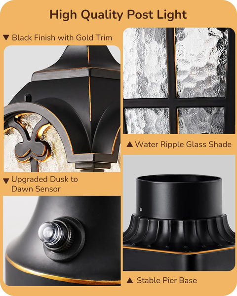 Close-up of Large Size Dusk To Dawn Outdoor Post Light With Photocell Sensor, featuring water ripple glass and black finish with gold trim.