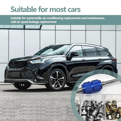 40 Piece Car Air Conditioning Valve Core Kit With Aluminum Brass Cores For R12 R134a Automotive Systems Valve Stem Repair Tool Set shown with car