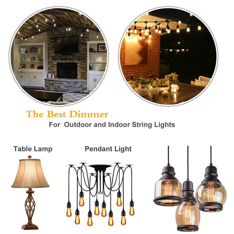 Indoor living room and patio with lit string lights, table lamp, and pendant lights for Outdoor String Light Dimmer 360W Max With Timed 6H And 8H Switches For No Fuss Auto Daily Cycle Brightness Memory IP67 Waterproof 60 Ft Remote Range For Dimmable Outdoor String Lights And Floor Lamp.