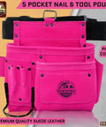 Pink Suede Leather 5 Pocket Tool Belt Bag For Women And Men, Multipurpose Construction And DIY Pouch in bright pink color
