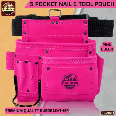 Pink Suede Leather 5 Pocket Tool Belt Bag For Women And Men, Multipurpose Construction And DIY Pouch in bright pink color