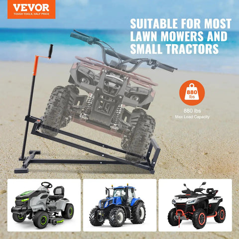 Beefy 880 LB Ride On Lawn Mower Lift Jack With Telescoping Lift Crank Handle and Power Tool Handle in use lifting ATV