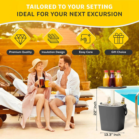 3-In-1 Resin Ice Bucket And Beverage Cooler Table For Outdoors With Lift Top Lid Wood-Look Side Table UV Protected Party-Ready