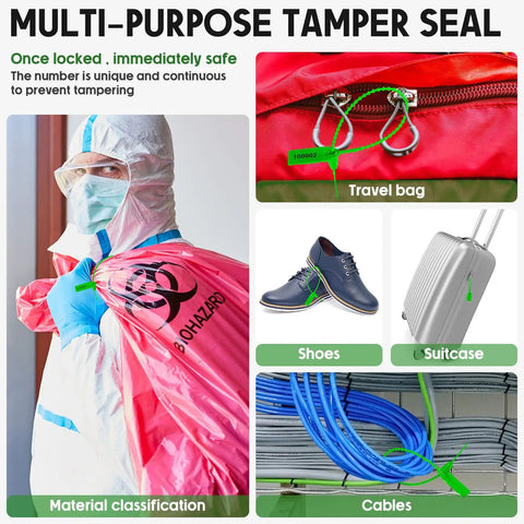 Collage showing uses of 1000 Pack Plastic Tamper Seals For Fire Extinguishers Self Locking Security Tags With Laser Printed Numbers Disposable Safety Seals Numbered Zip Ties Green 250 Millimeter Length Ready To Roll One Time Use