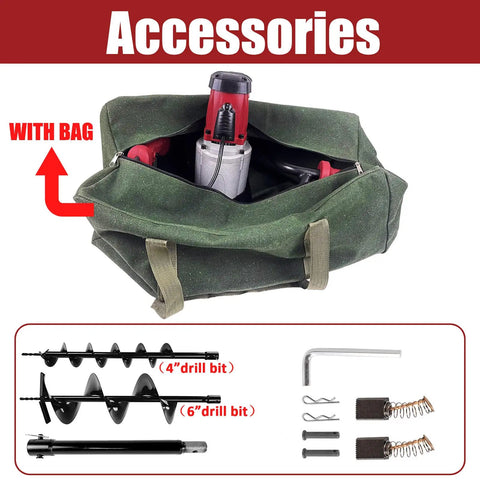 Accessories for Electric Post Hole Digger With 6 Inch And 4 Inch Auger Bits, 1500W Power shown with bag and components