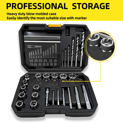 26 Piece Bolt And Screw Extractor Set With Hex Adapters And HSS Drill Bits Heavy Duty Easy Out Kit in blow molded case