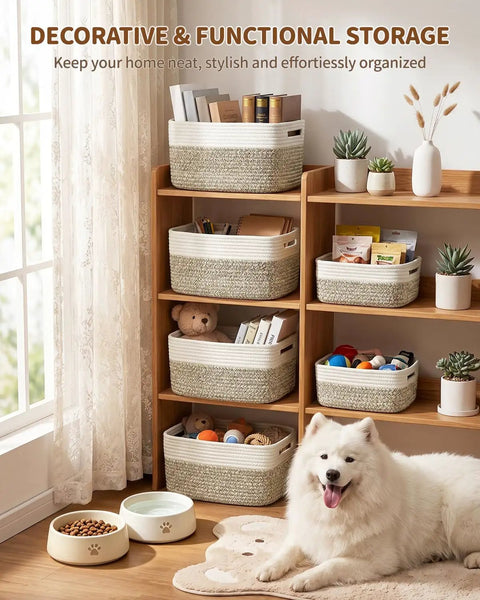 Get Your Home Sorted And Level Up Your Organization Game With This Six Piece Foldable Woven Storage Basket Set Perfectly Sized To Tackle Cabinet Clutter Clothes Sorting Toys And Daily Essentials Quick And Easy. Six woven storage baskets on shelves with a dog sitting nearby.