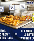 Heavy Duty Deep Fryer Oil Filter Bag And Frame For Restaurants Reusable Grease Strainer on fry basket with fried food.