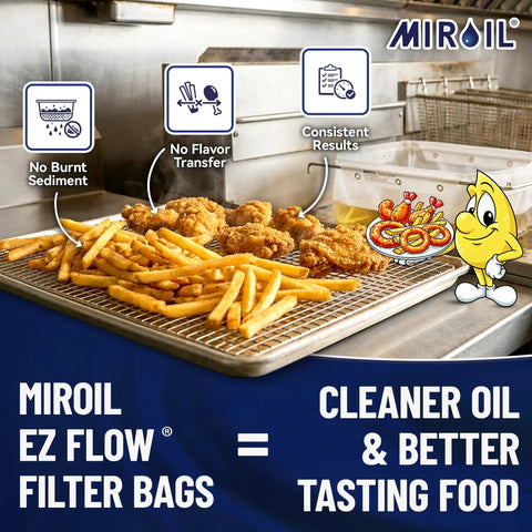 Heavy Duty Deep Fryer Oil Filter Bag And Frame For Restaurants Reusable Grease Strainer on fry basket with fried food.