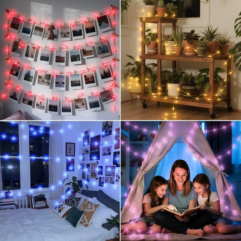 16.5Ft 50 LEDs Colorful Fairy String Lights With 132 Modes, Battery Operated And USB Powered, Remote Timer, in various decor settings.