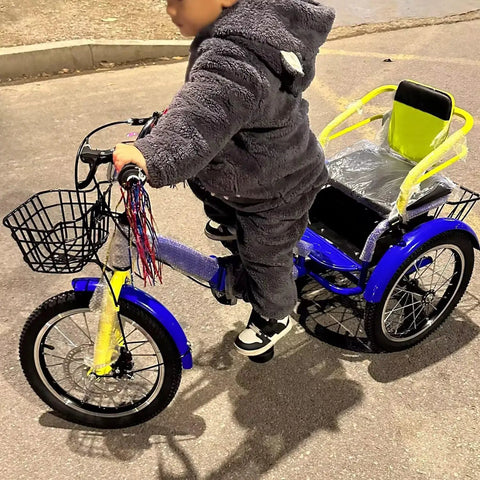Child riding a foldable three wheel trike with back seat and safety belt dual brakes and front disc 18 inch blue cruiser bike